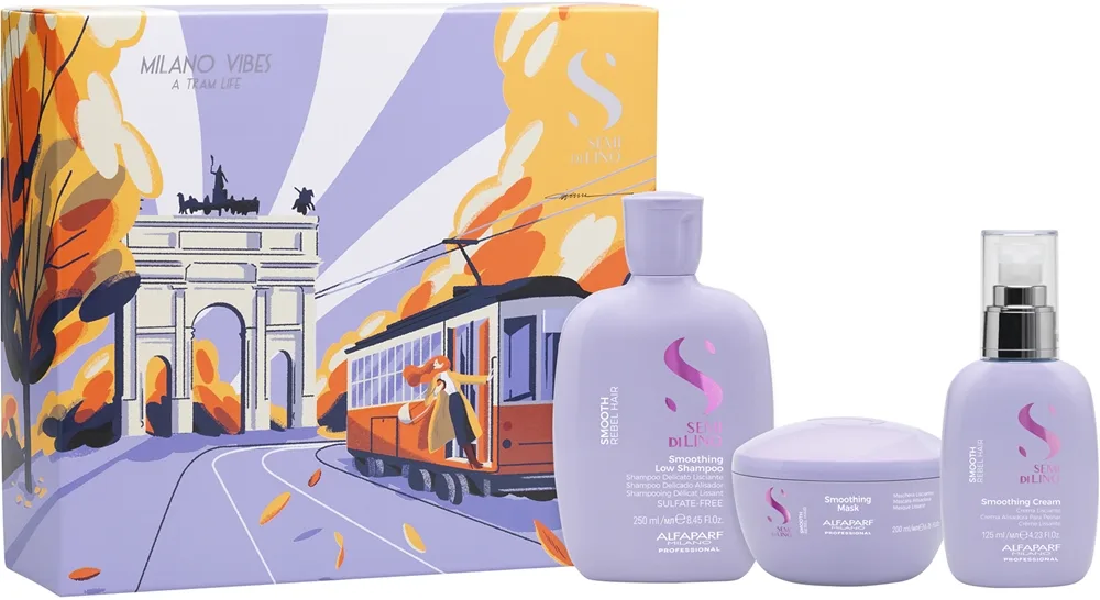 Alfaparf Milano Semi di Lino Smooth Holiday Kit lahjasetti kurittomille ja pörröisille hiuksille 3 kpl
