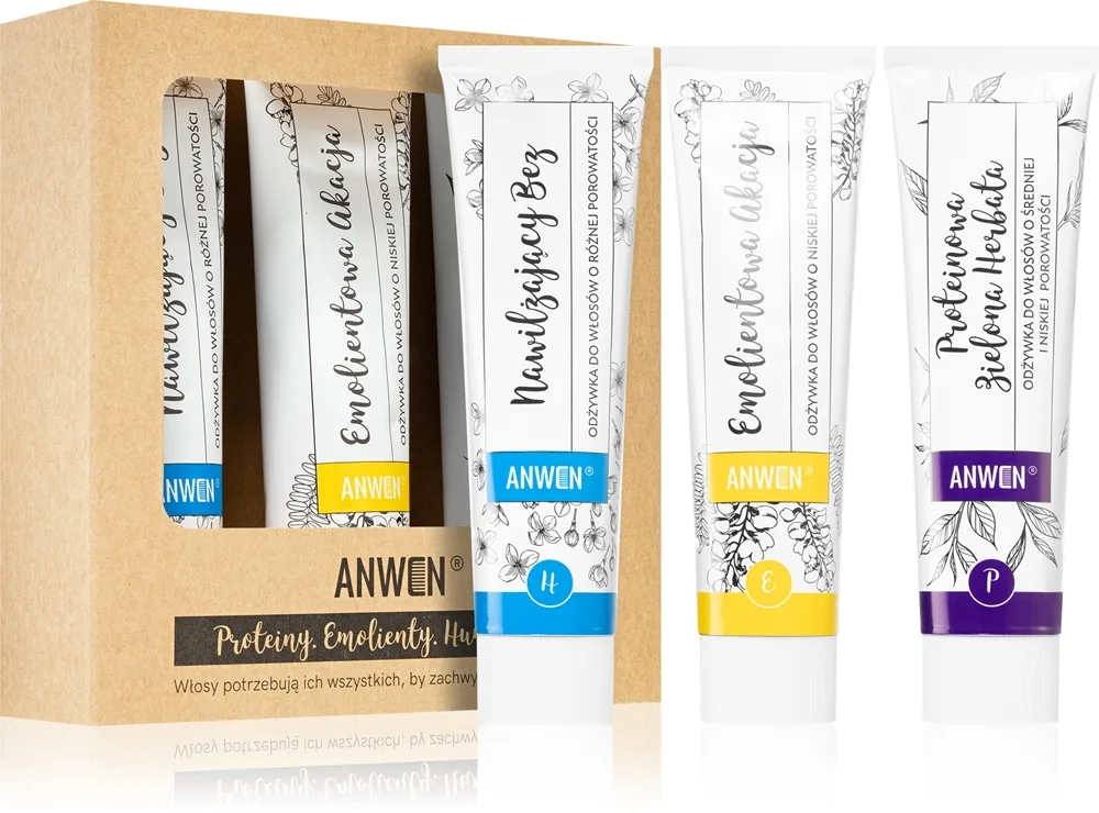 Anwen Proteins . Emollients . Humectants hiustenhoitoaine edullinen pakkaus 3 x 100 ml Low porosity