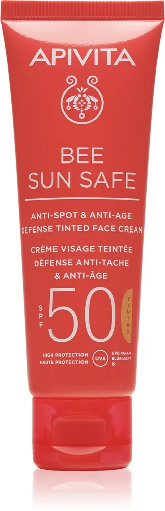 Apivita Bee Sun Safe Anti-Spot and Anti-Age Tinted Face Cream SPF50 Beskyttende toner og creme til ansigtet SPF 50 Skygge Tinted 50 ml