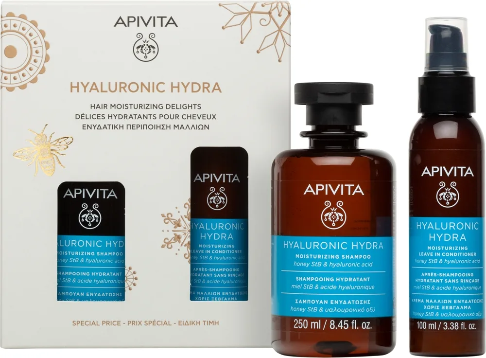 Apivita Hyaluronic Hydra Hair Moisturizing Delights lahjasetti kosteuttava ja kiiltoa antava