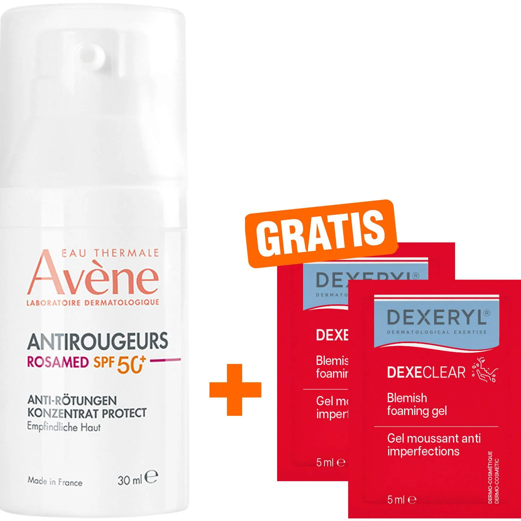 Avene Antirougeurs Rosamed Anti-Rötungen Protect SPF50 30 ml + gratis Dexeryl Dexeclear schäumendes Reinigungsgel 2 x5ml - Reduziert Rötungen