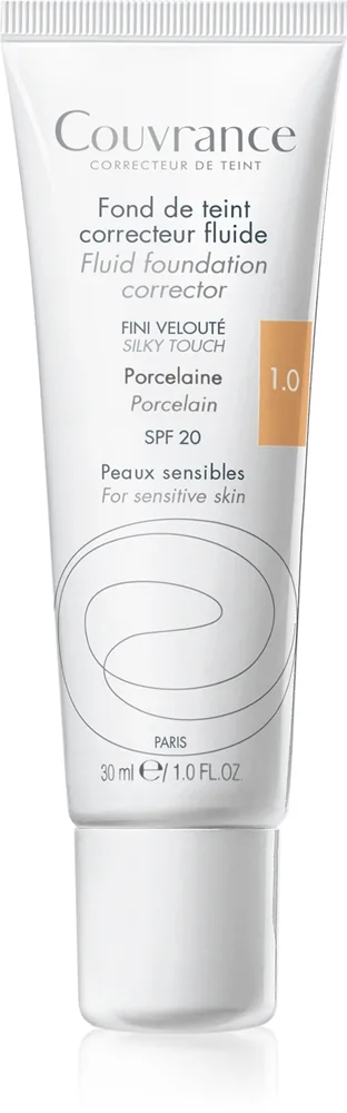 Avène Couvrance Fluid Foundation Corrector nestemäinen peittävä meikkivoide SPF 20 sävy 1.0 Porcelain 30 ml