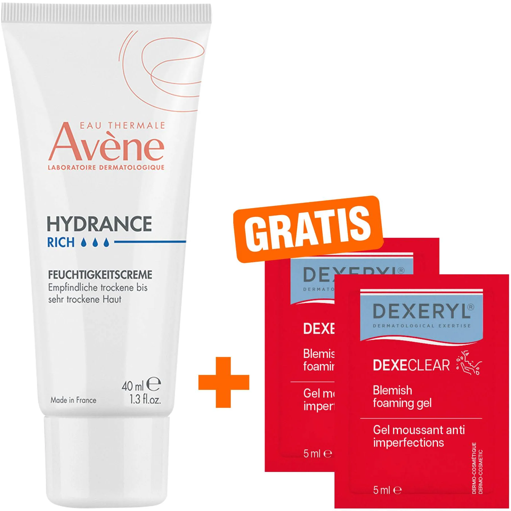 Avene Hydrance reichhaltige Feuchtigkeitscreme 40 ml + gratis Dexeryl Dexeclear schäumendes Reinigungsgel 2 x 5 ml - Trockene bis sehr trockene Haut