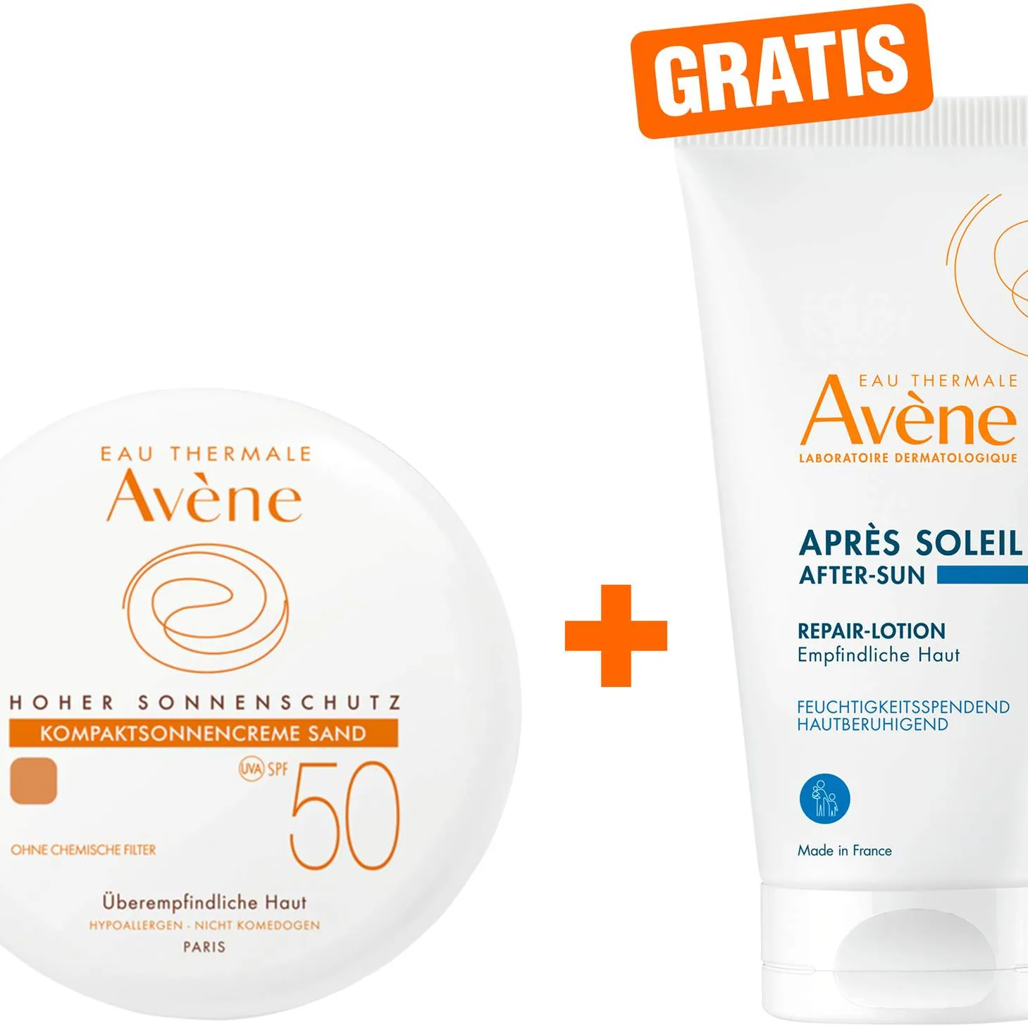 Avene Kompaktsonnencreme SPF 50 sand 10 g Creme + gratis Repair - Lotion nach der Sonne 50 ml - Sonnenschutz