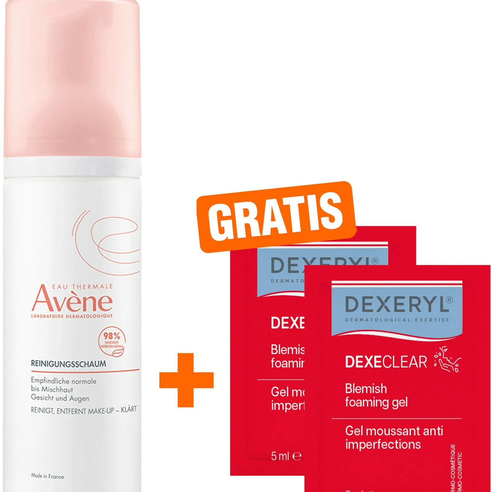 Avene Reinigungsschaum 150 ml + gratis Dexeryl Dexeclear schäumendes Reinigungsgel 2 x 5 ml - Zur Hautreinigung