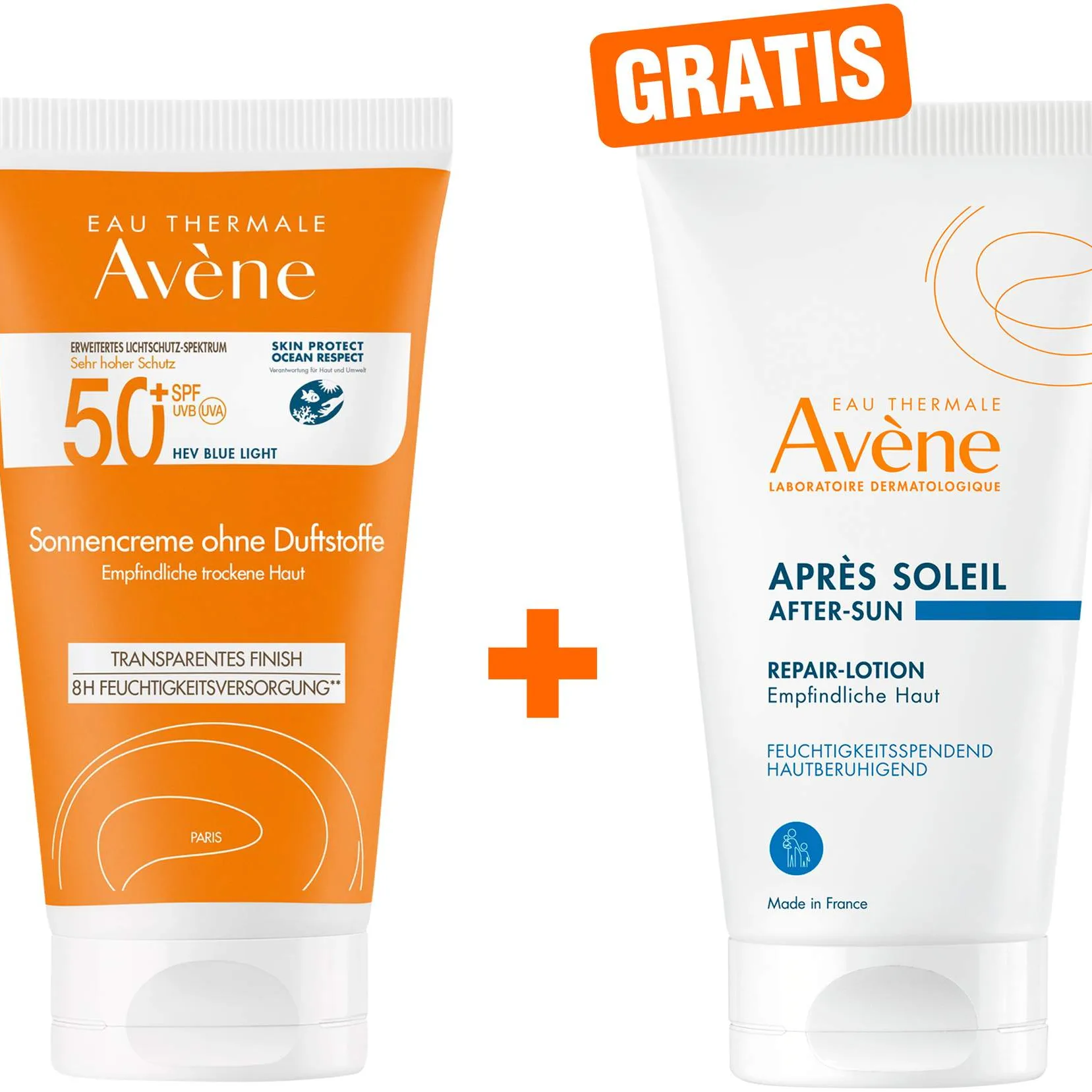 Avene Sonnencreme SPF 50+ ohne Duftstoffe 50 ml + gratis Repair - Lotion nach der Sonne 50 ml - Für empfindliche Haut