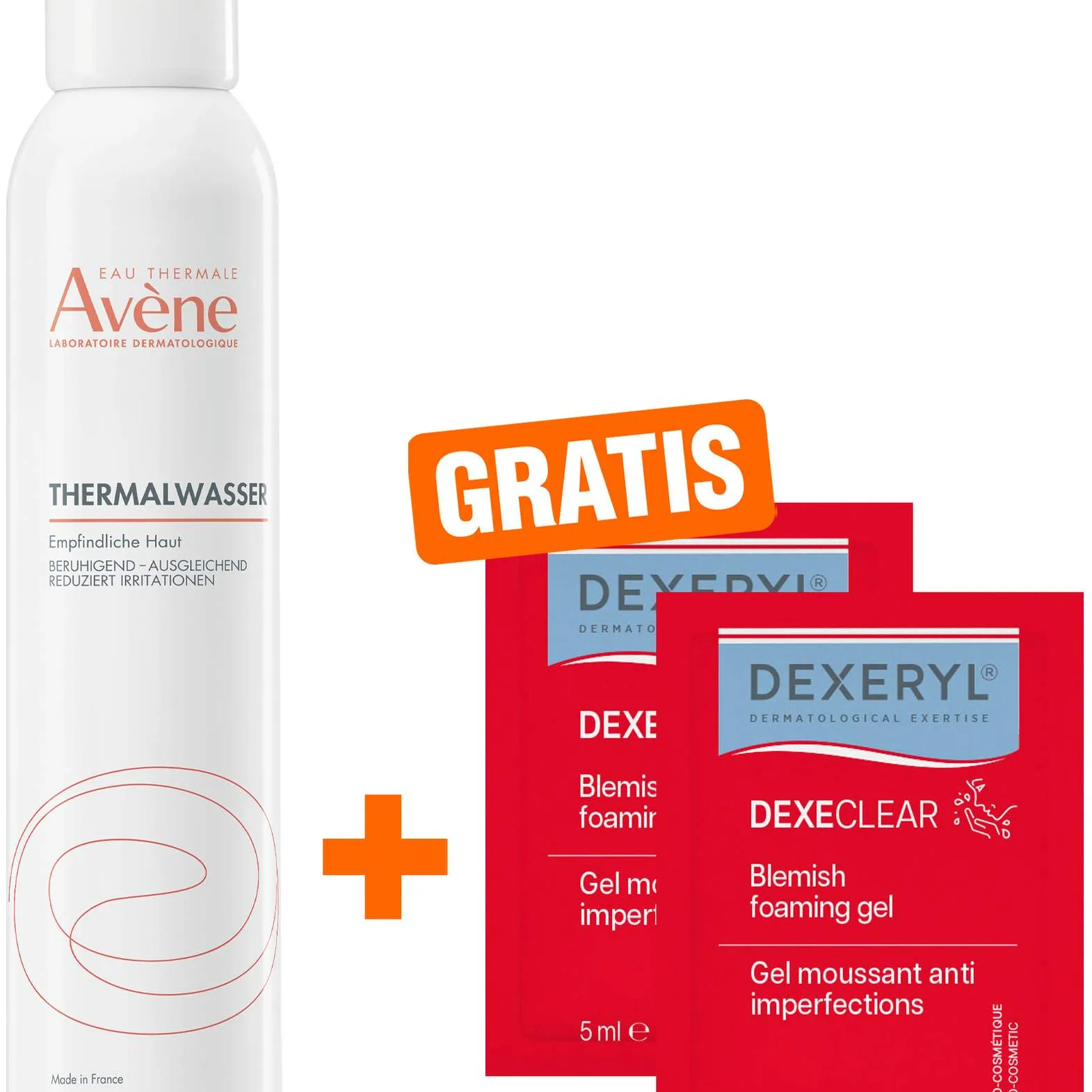 Avene Thermalwasser Spray 300 ml + gratis Dexeryl Dexeclear schäumendes Reinigungsgel 2 x 5 ml - Für empfindliche Haut