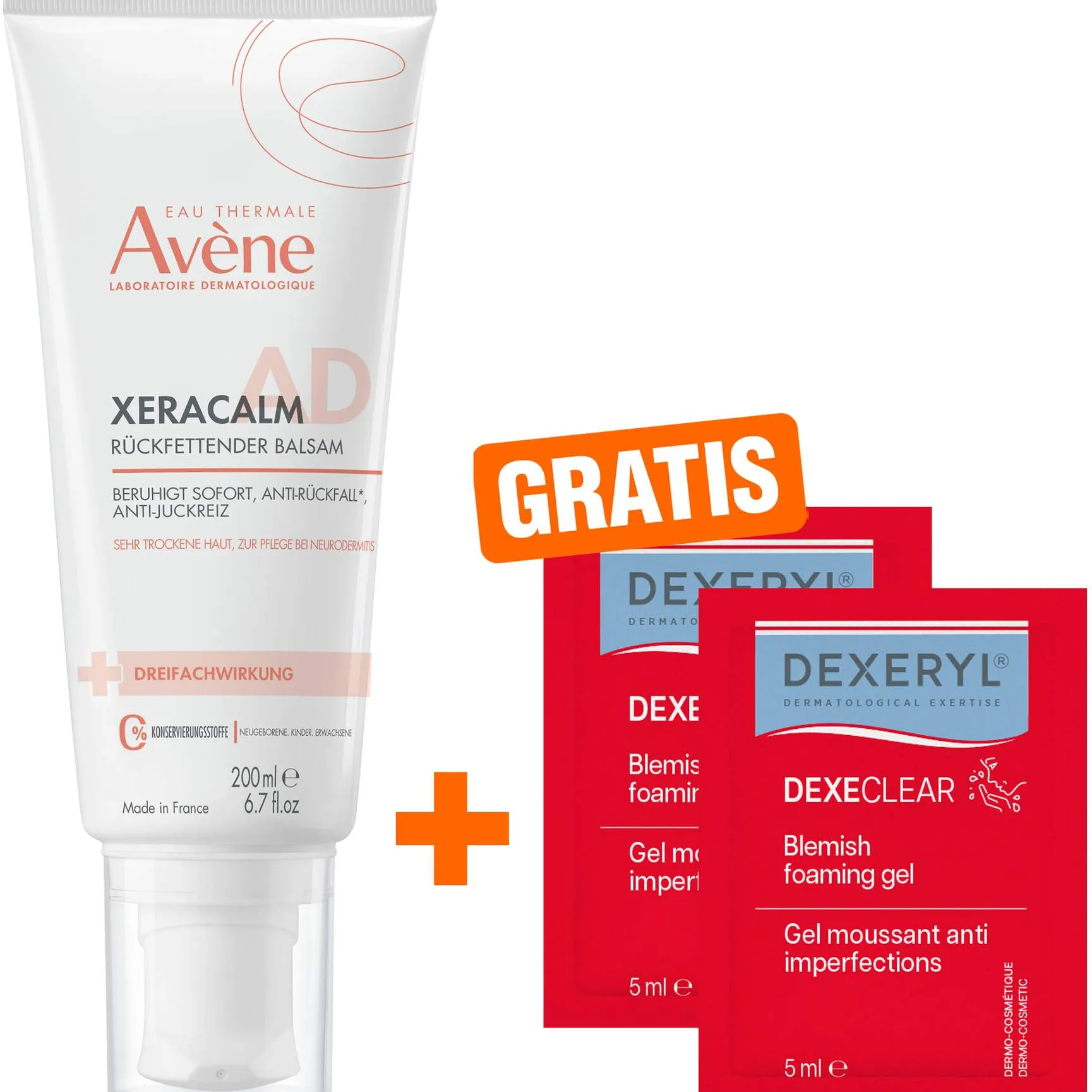 Avene XeraCalm A.D Balsam 200 ml + gratis Dexeryl Dexeclear schäumendes Reinigungsgel 2 x 5 ml - Bei extrem trockener Haut