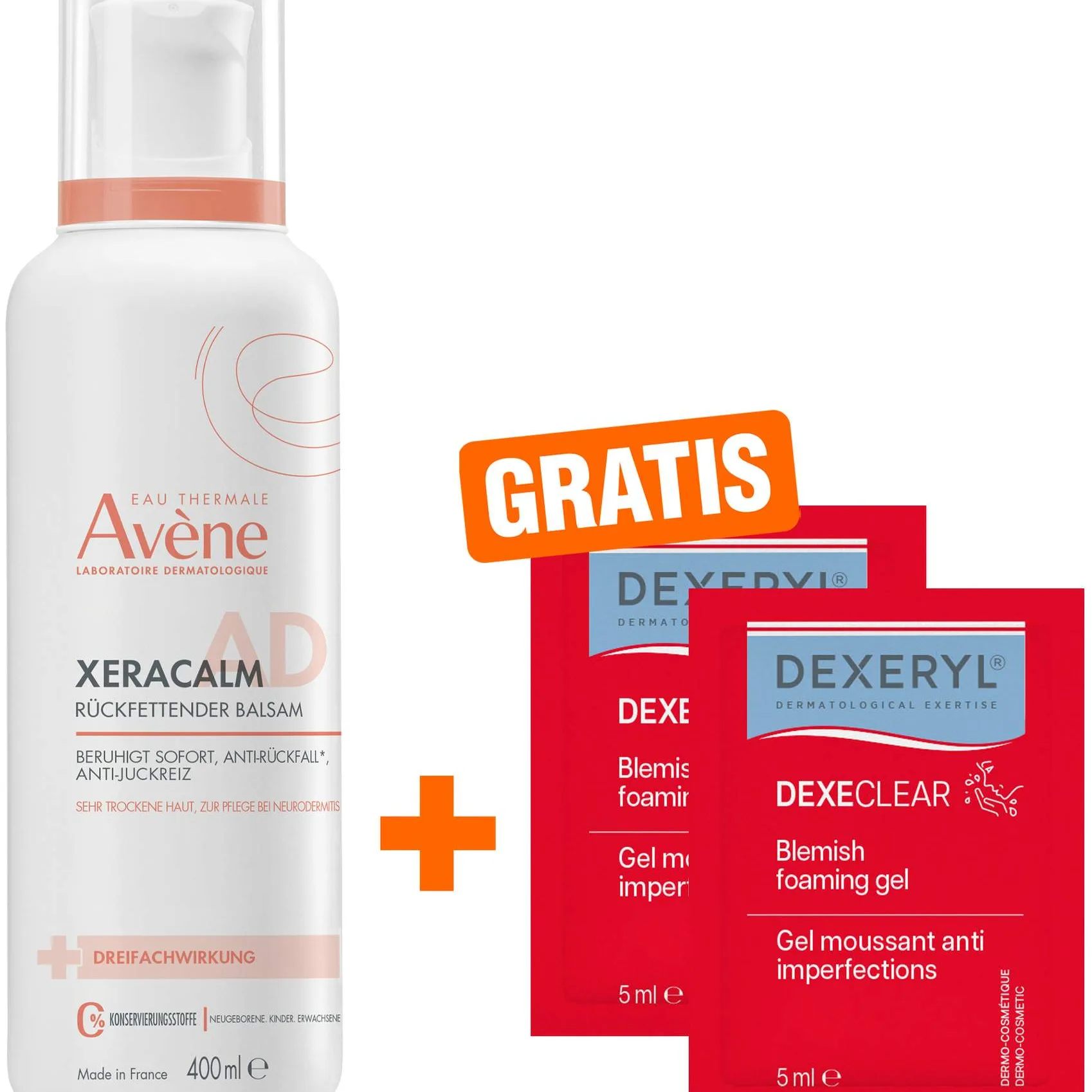 Avene XeraCalm A.D Balsam 400 ml + gratis Dexeryl Dexeclear schäumendes Reinigungsgel 2 x 5 ml - Zur unterstützenden Pflege bei Neurodermitis