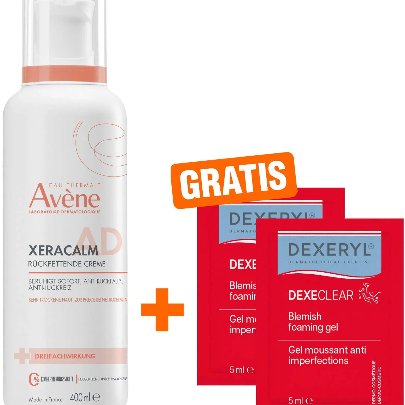 Avene XeraCalm A.D Creme 400 ml + gratis Dexeryl Dexeclear schäumendes Reinigungsgel 2 x 5 ml - Zur unterstützenden Pflege bei Neurodermitis