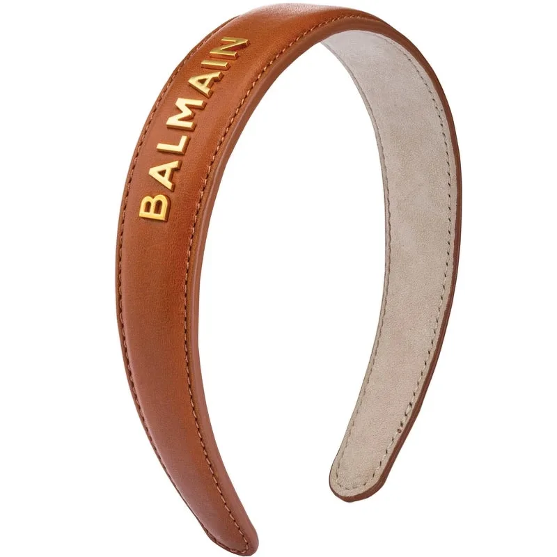 Balmain Paris Leather Headband With Gold Logo 18k - Cognac
