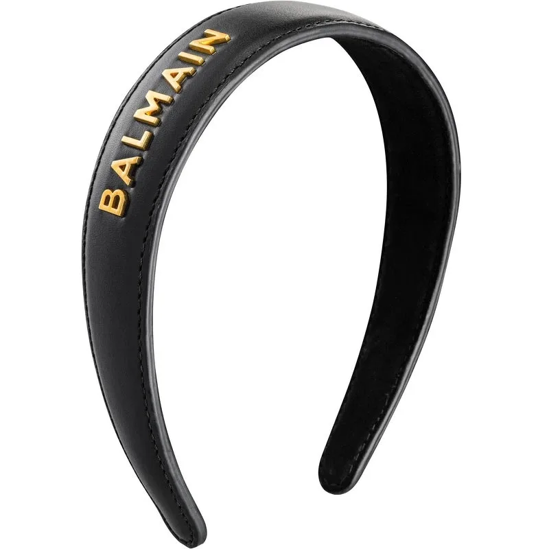 Balmain Paris Leather Headband With Gold Logo 18k - sort
