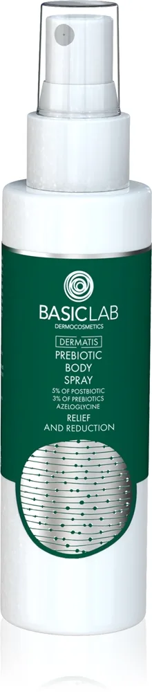 BasicLab Dermocosmetics Dermatis kosteuttava ja ihon herkkyyttä vähentävä prebioottinen fluidi suihkeena kasvoille ja vartalolle 100 ml