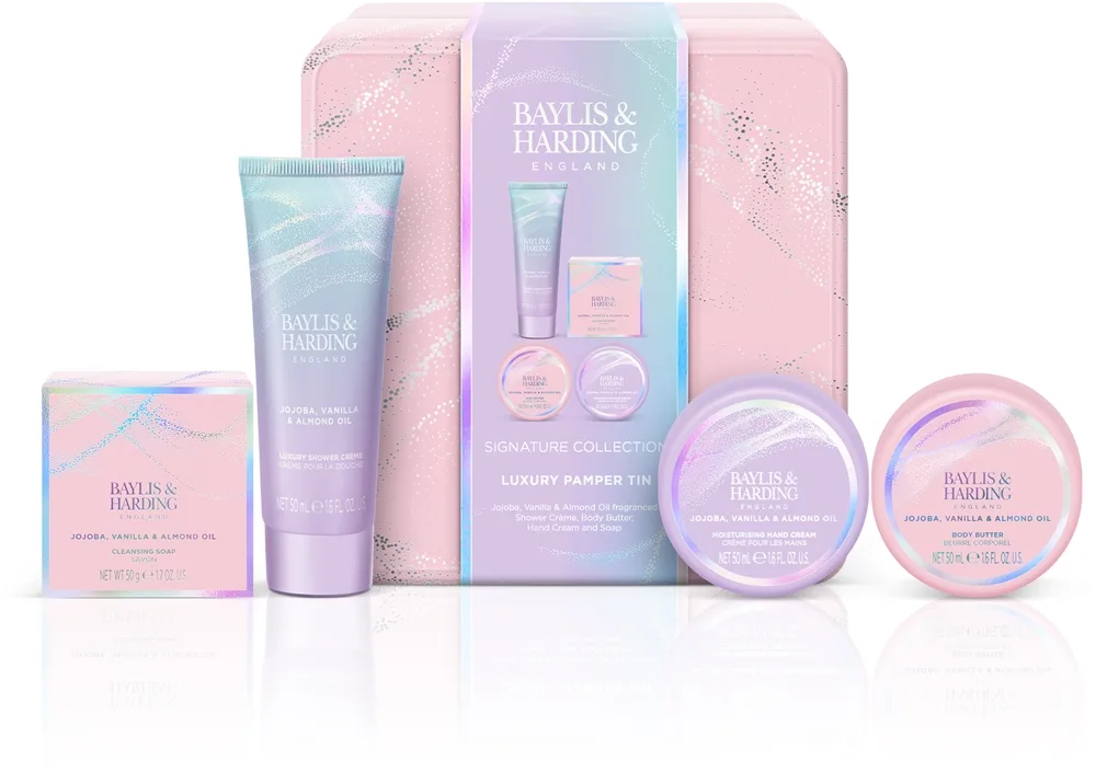 Baylis & Harding Jojoba, Vanilla & Almond Oil lahjasetti peltirasia