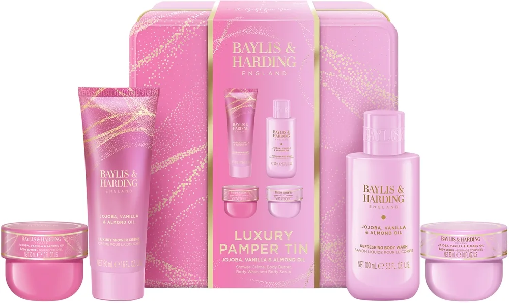 Baylis & Harding Jojoba, Vanilla & Almond Oil lahjasetti peltirasia