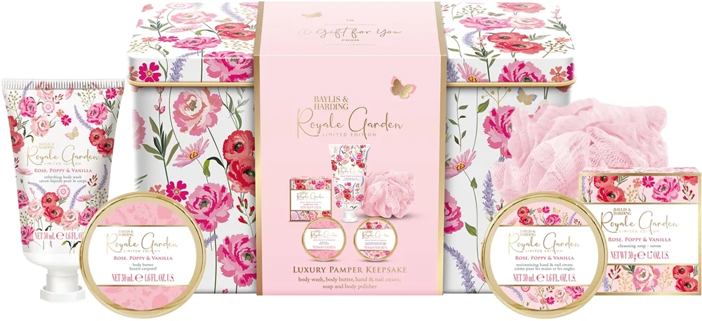 Baylis & Harding Royale Garden Rose, Poppy & Vanilla lahjasetti peltirasia