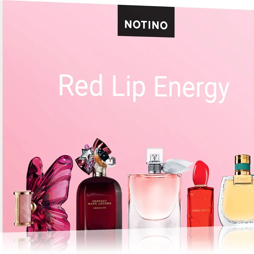 Beauty Discovery Box Notino Red Lip Energy CAROLINA HERRERA La Bomba, Marc Jacobs Perfect Absolute, Chloé Nomade Jardin d’Égypte, Lancôme La vie est b