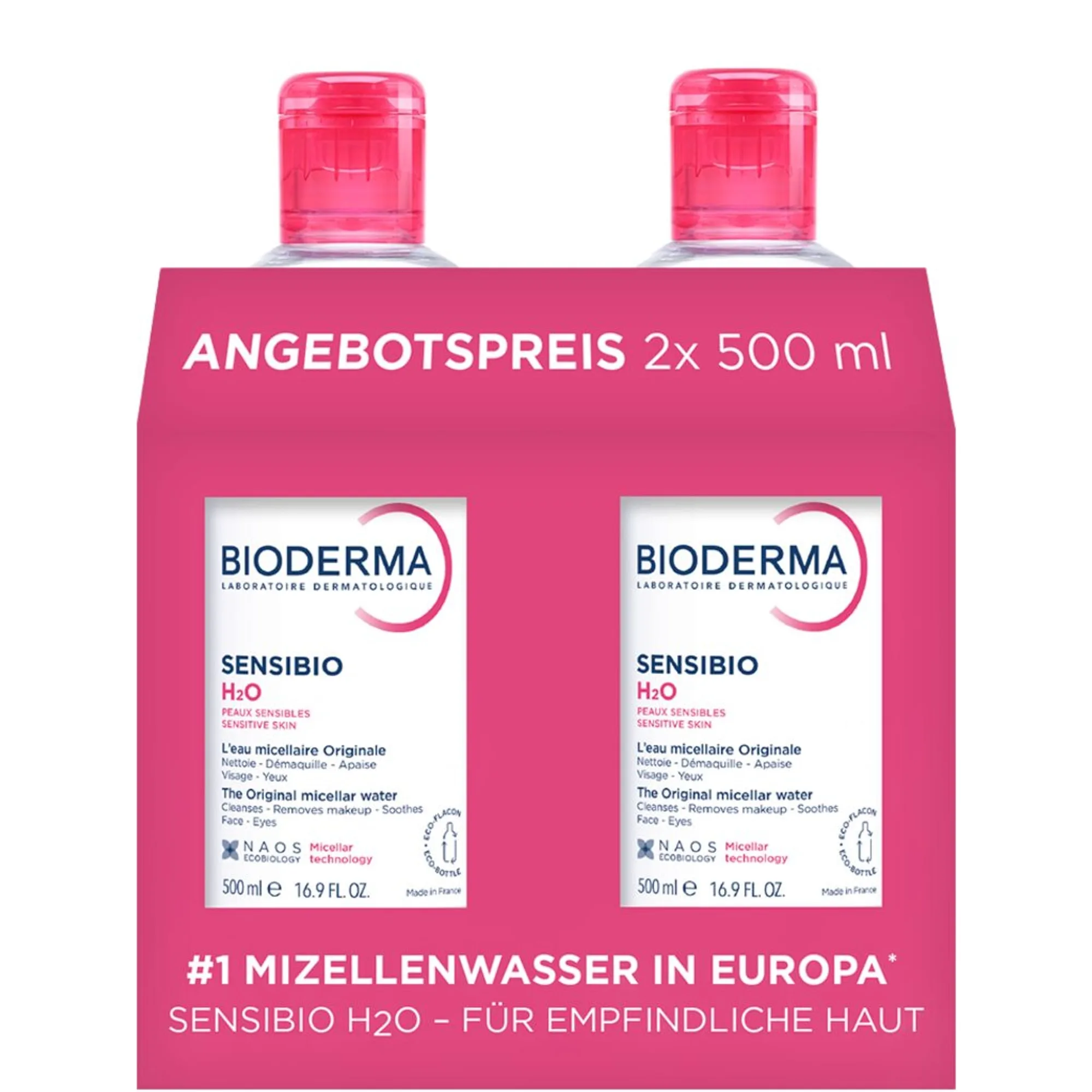 Bioderma Sensibio H2O - Micellärt vatten för känslig hud, skonsam rengöring - duo pack Smink remover
