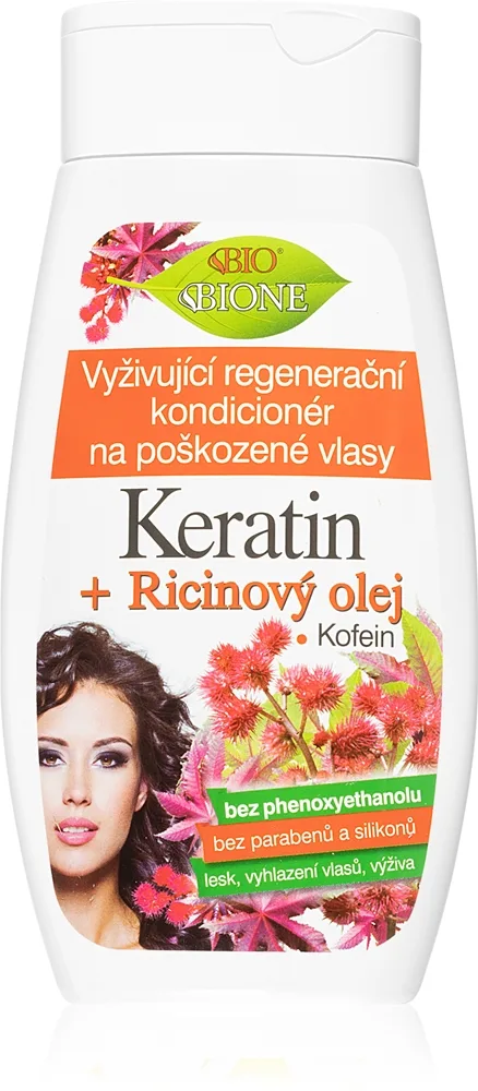 Bione Cosmetics Keratin + Castor Oil elvyttävä hoitoaine heikoille ja vaurioituneille hiuksille 260 ml