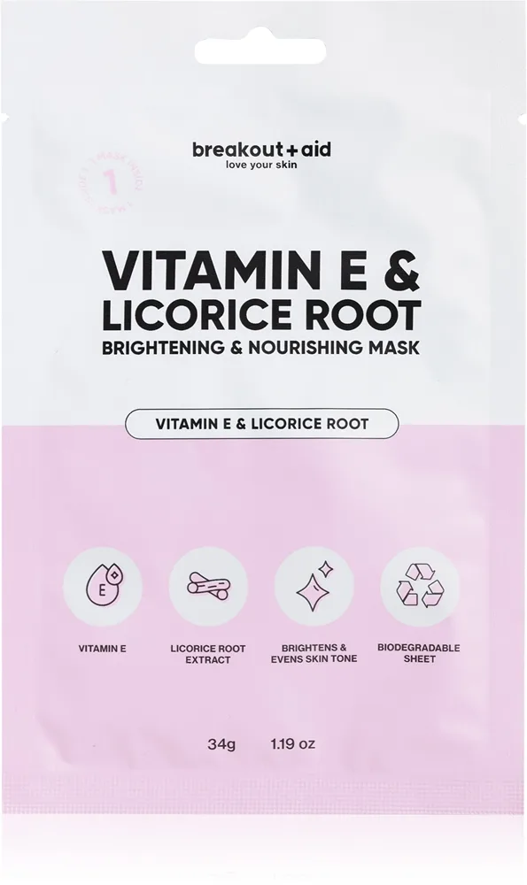 breakout + aid Vitamin E & Licorice Root kirkastava kangasnaamio sisältää E-vitamiinia 34 kpl