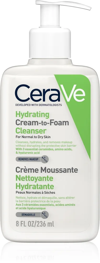 CeraVe Cleansers Hydrating Cream-to-Foam Cleanser Rensende skumcreme til normal til tør hud 236 ml