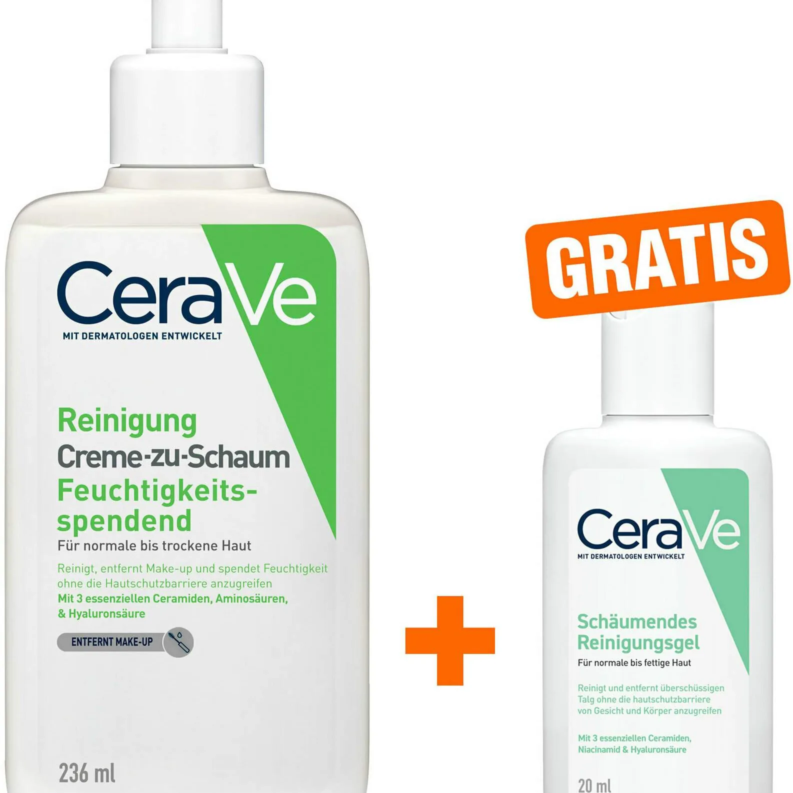 CeraVe Creme-zu-Schaum Reinigung 236 ml + gratis Schäumendes Reinigungsgel 20 ml - Für trockene Gesichtshaut