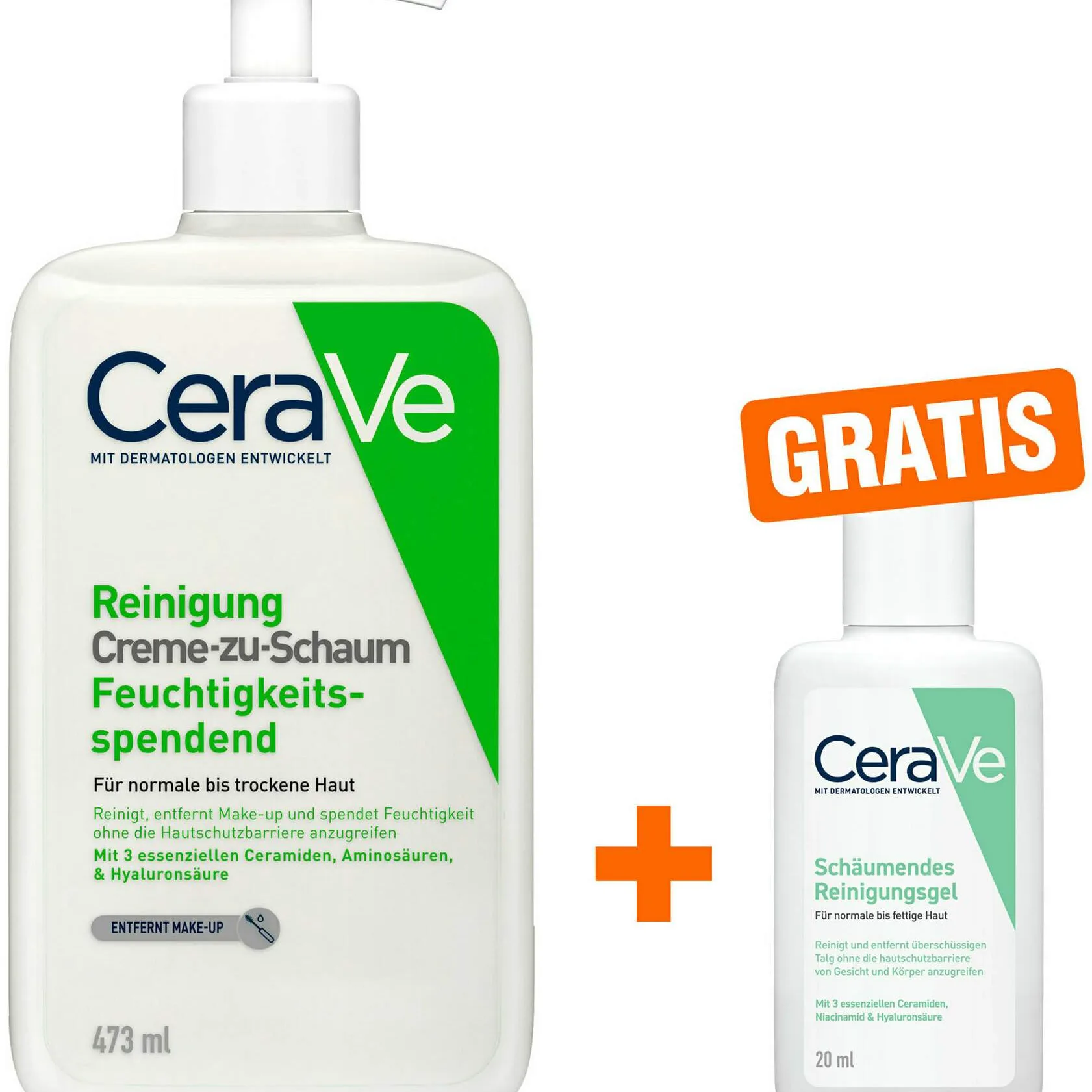 CeraVe Creme-zu-Schaum Reinigung 473 ml + gratis Schäumendes Reinigungsgel 20 ml - Für trockene Gesichtshaut