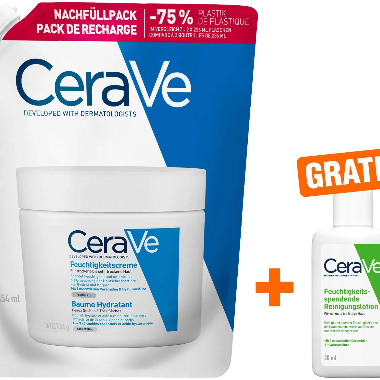 Cerave Feuchtigkeitscreme Nachfüllpacks 454 ml + gratis Cerave feuchtigkeitsspendende Reinigungslotion 20 ml - Für trockene bis sehr trockene Haut