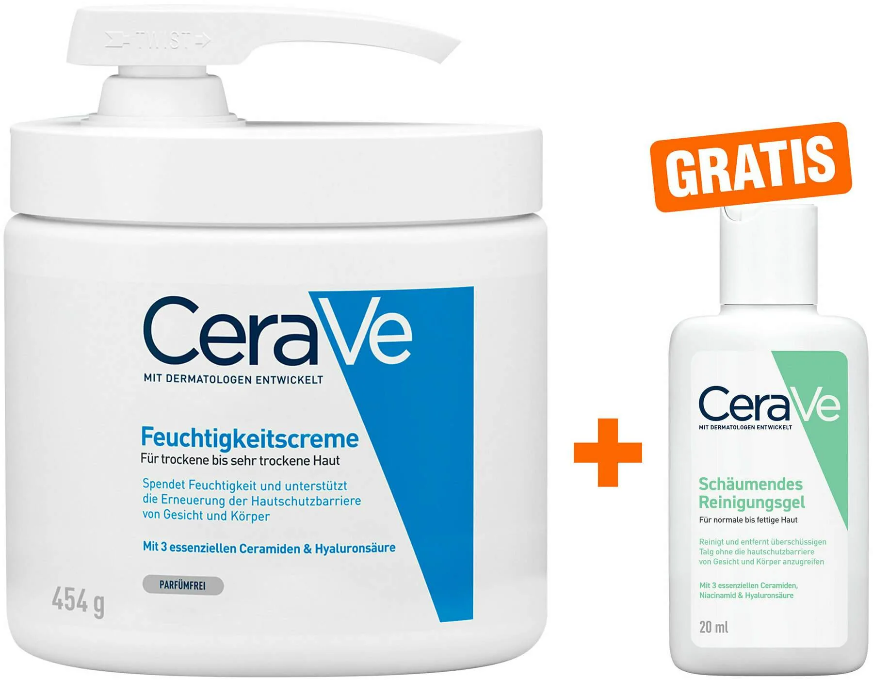 CeraVe Feuchtigkeitscreme Pumpe 454 g + gratis CeraVe Schäumendes Reinigungsgel 20 ml - Reichhaltige Körpercreme für trockene bis sehr trockene Haut