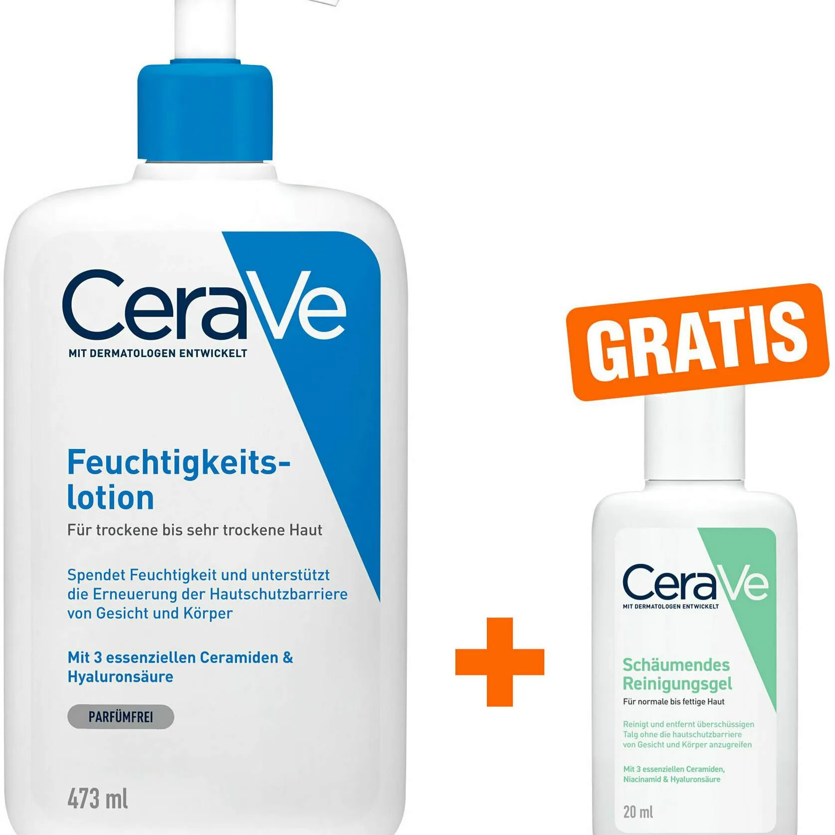 CeraVe Feuchtigkeitslotion 473 ml + gratis schäumendes Reinigungsgel 20 ml - Zur Körperpflege