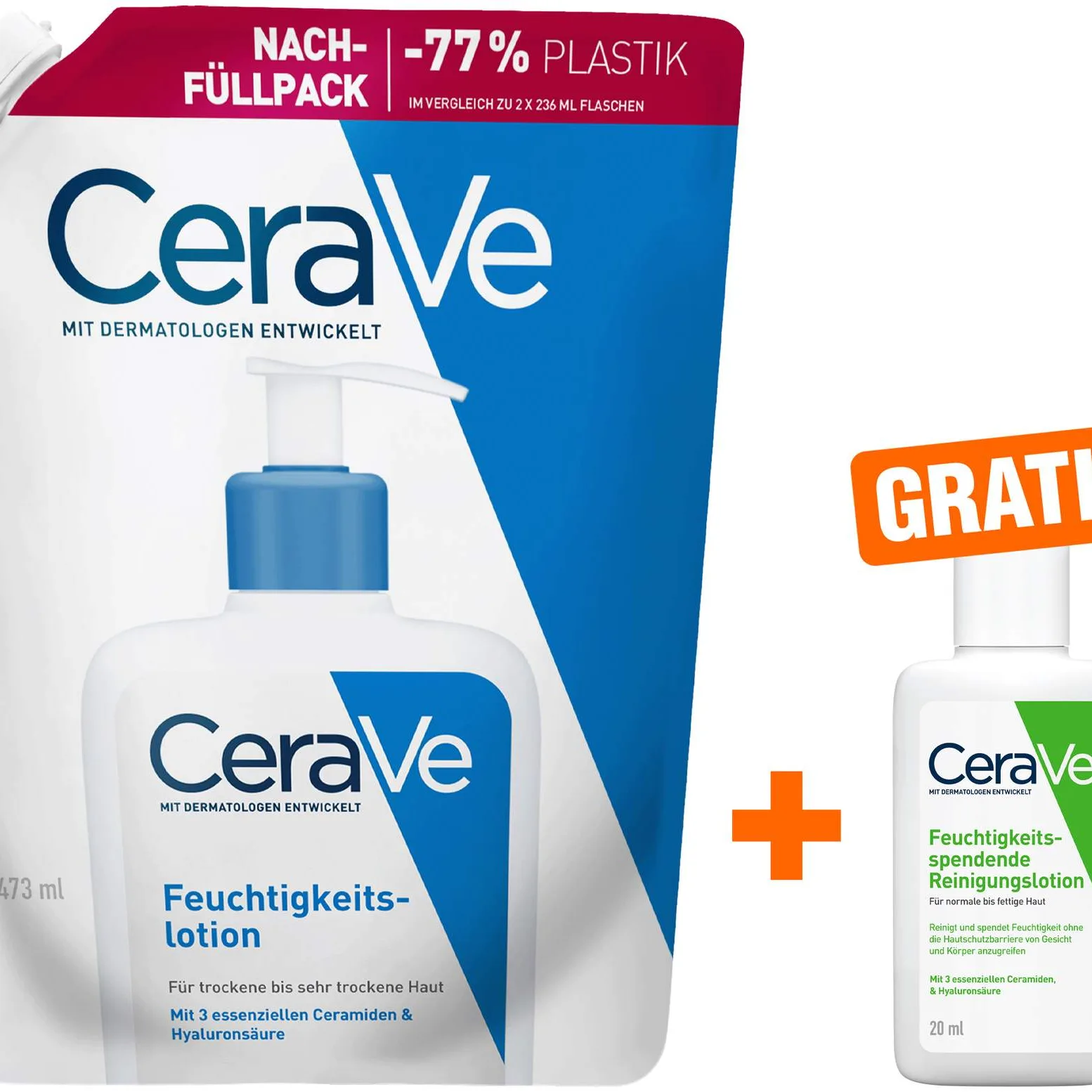 CeraVe Feuchtigkeitslotion Nachfüllpack 473 ml + gratis Cerave Feuchtigkeitsspendende Reinigungslotion 20 ml - Zur Körperpflege