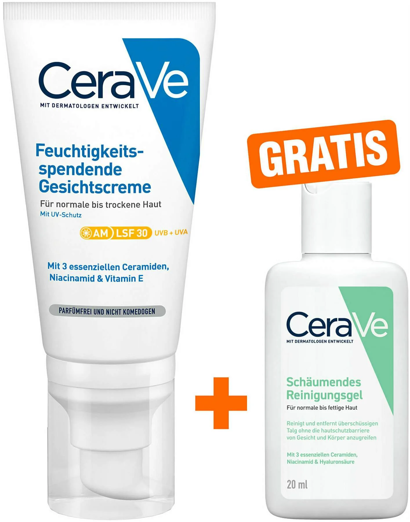 CeraVe Feuchtigkeitsspendende Gesichtscreme LSF 30 52 ml + gratis Schäumendes Reinigungsgel 20 ml - Für normale bis trockene Haut