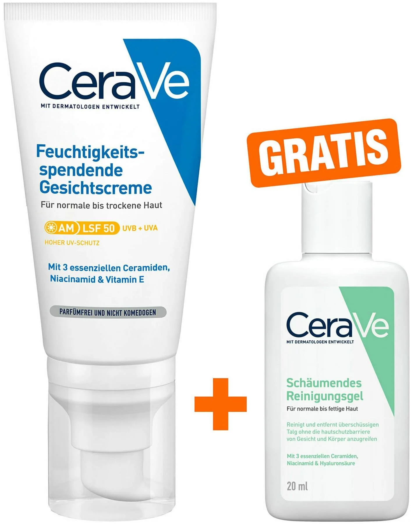 CeraVe Feuchtigkeitsspendende Gesichtscreme LSF 50 52 ml + gratis Schäumendes Reinigungsgel 20 ml - Für normale bis trockene Haut