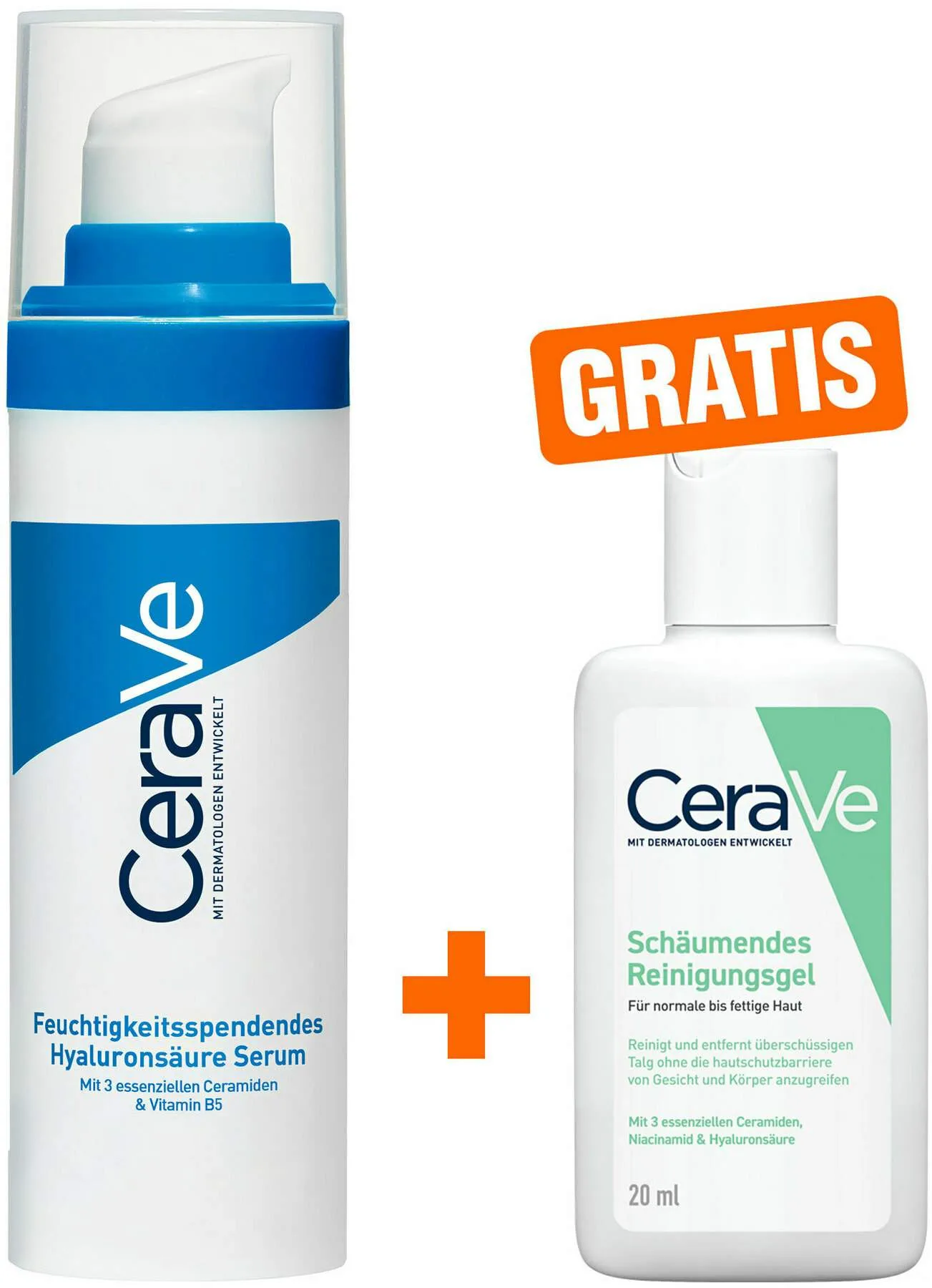 CeraVe feuchtigkeitsspendendes Hyaluronsäure Serum 30 ml + gratis schäumendes Reinigungsgel 20 ml - Bei Falten