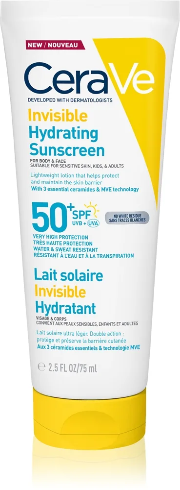 CeraVe Invisible Hydrating Sunscreen SPF 50+ Mjölk för solbränna för ansikte och kropp SPF 50+ 75 ml