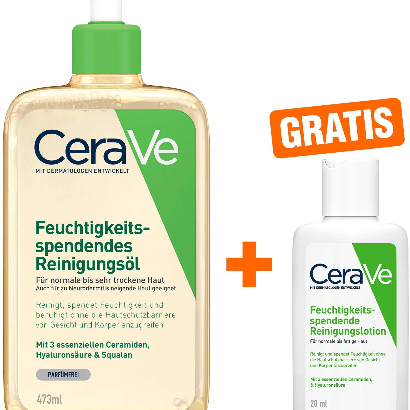 CeraVe Reinigungsöl 473 ml + gratis CeraVe feuchtigkeitsspendende Reinigungslotion 20 ml - Reinigung für Körper und Gesicht