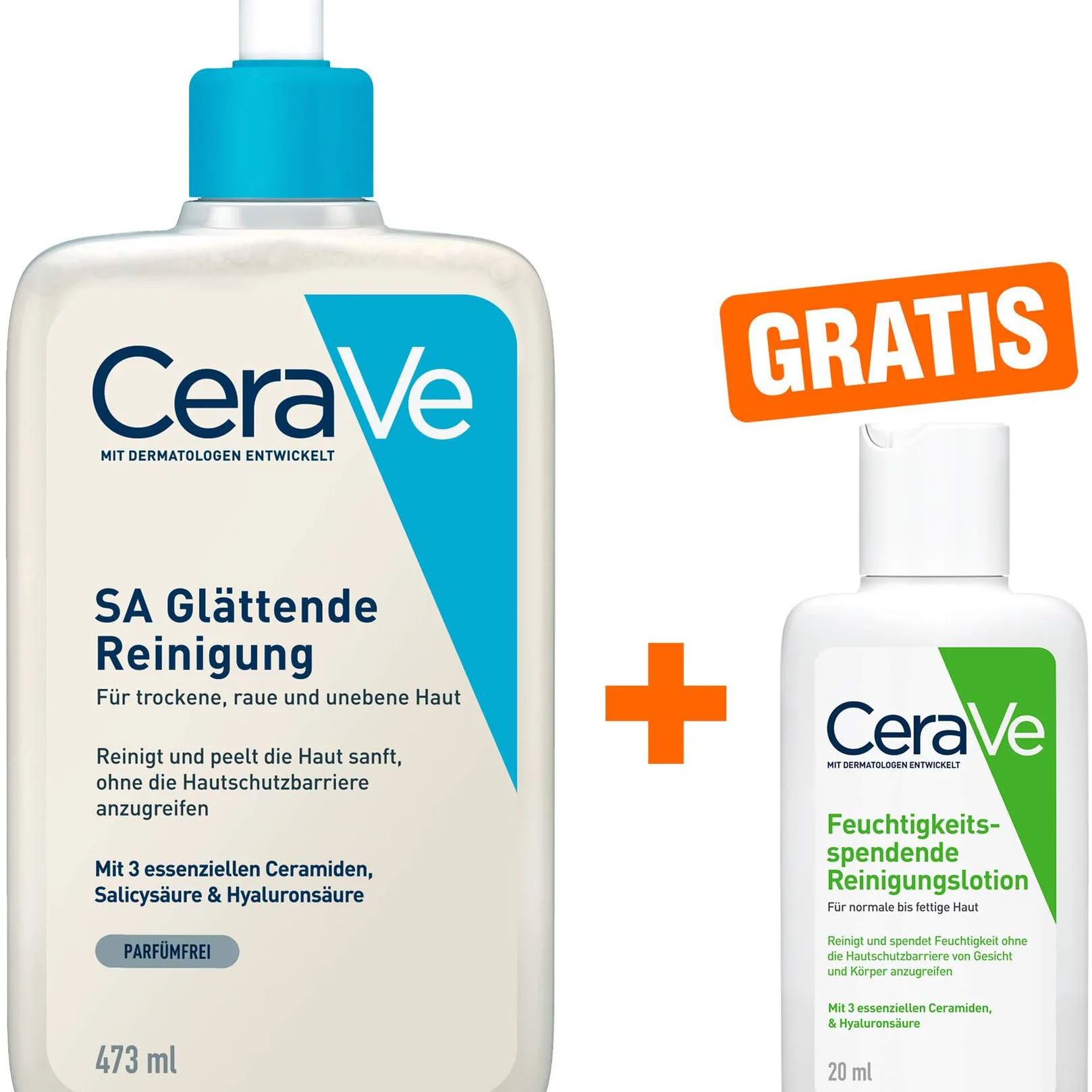 CeraVe SA Glättende Reinigung 473 ml + gratis Feuchtigkeitsspendende Reinigungslotion 20 ml - Für trockene raue und unebene Haut
