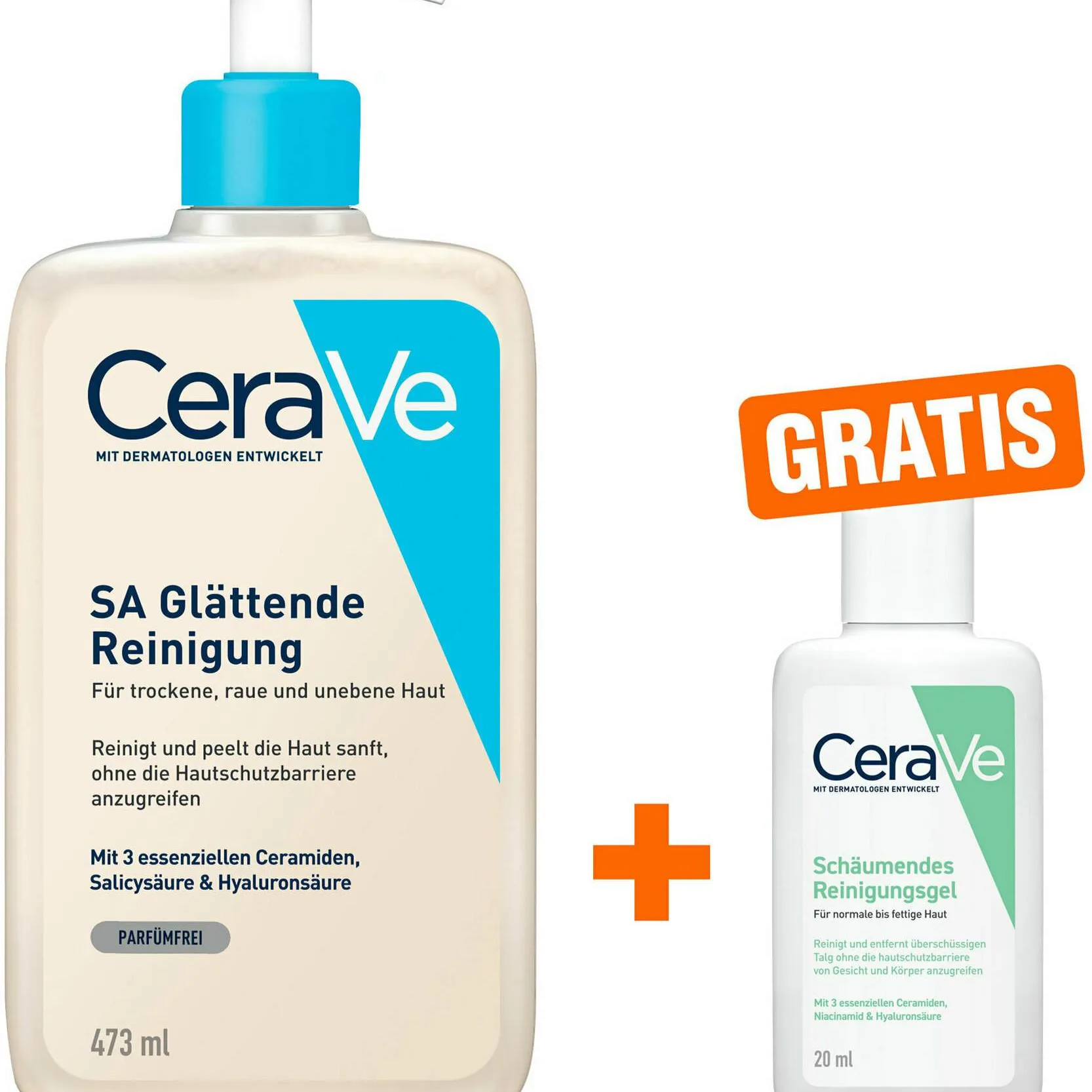 CeraVe SA Glättende Reinigung 473 ml + gratis Schäumendes Reinigungsgel 20 ml - Für trockene raue und unebene Haut