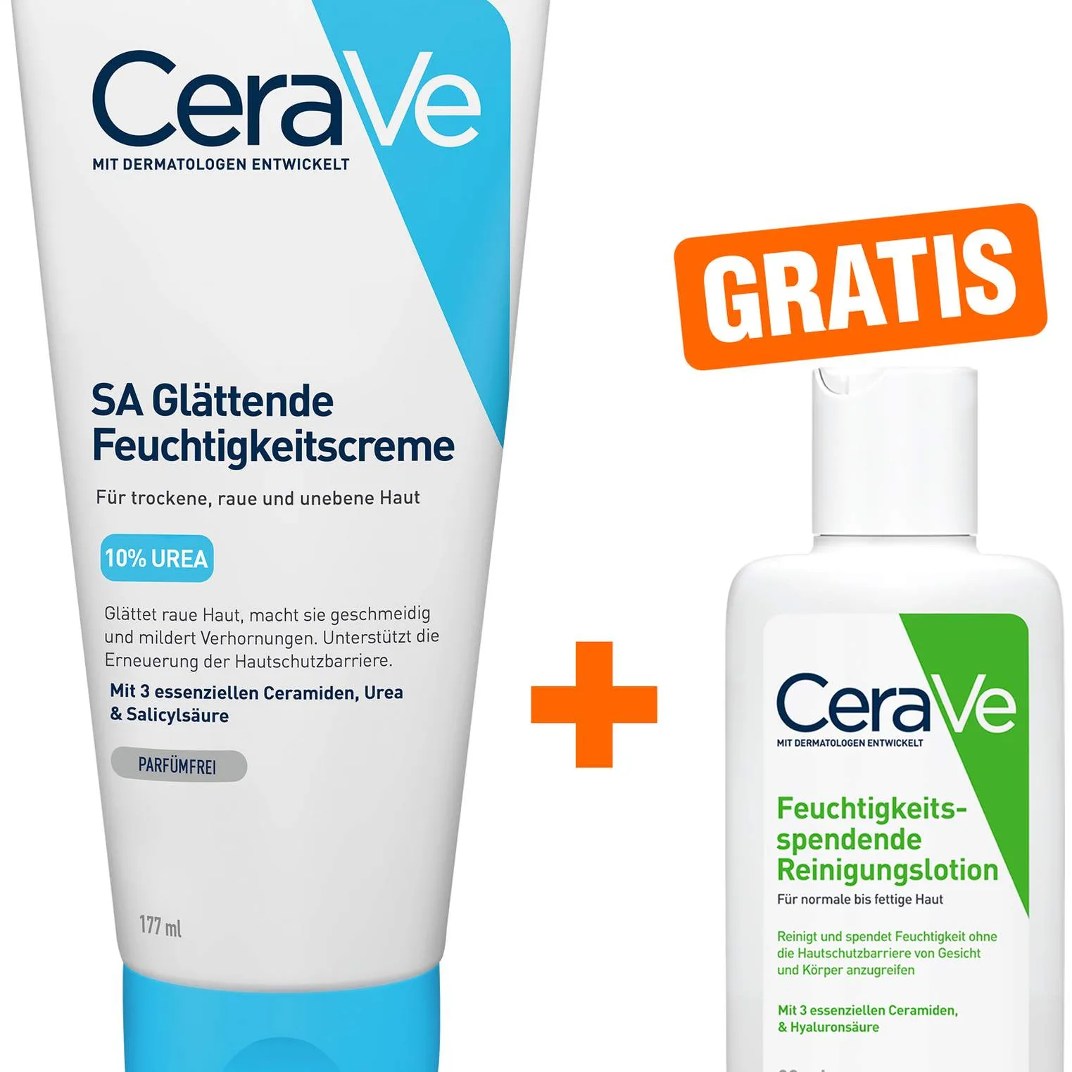 CeraVe SA Urea Glättende Feuchtigkeitscreme 177 ml + gratis Feuchtigkeitsspendende Reinigungslotion 20 ml - Für trockene raue und unebene Haut