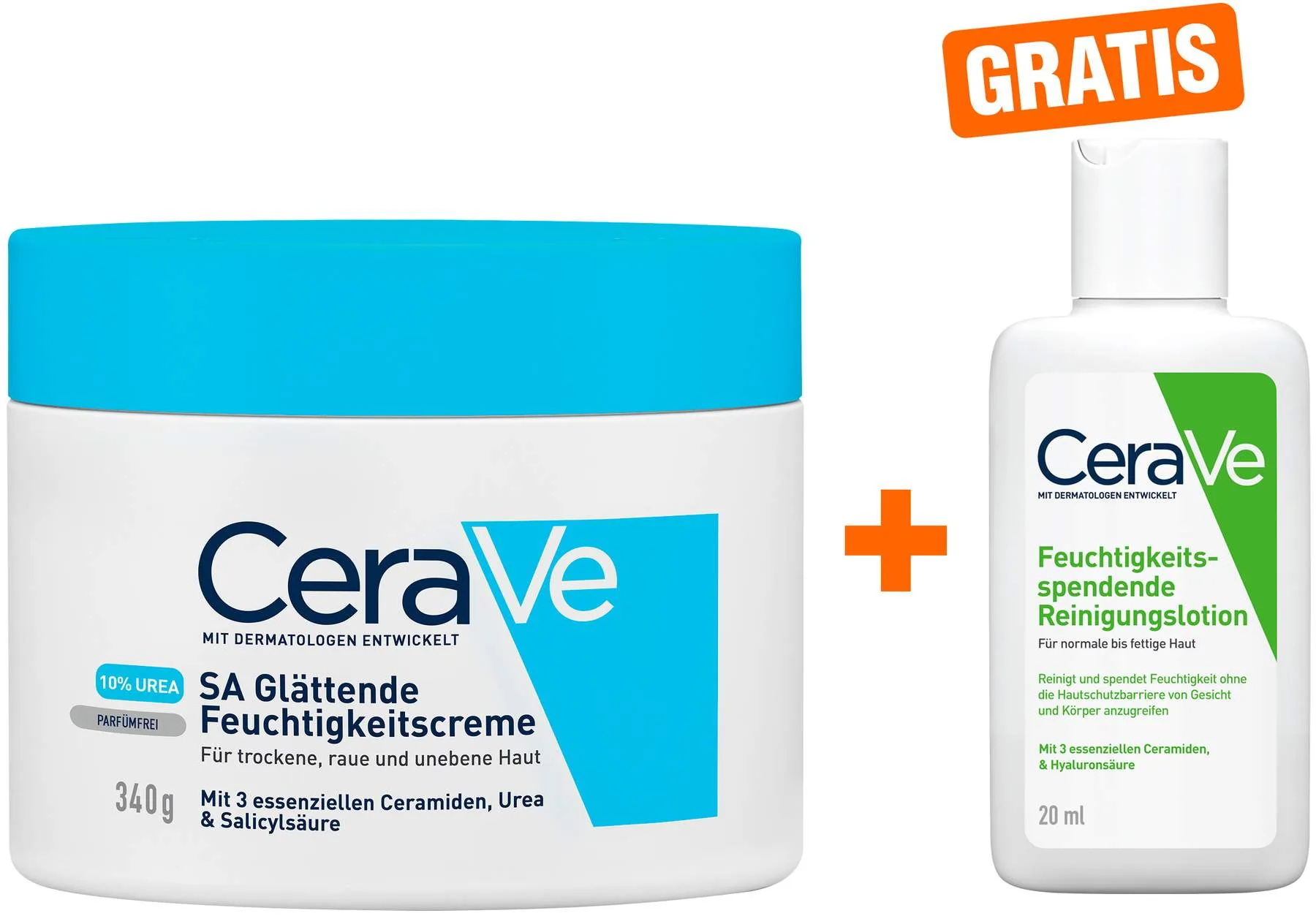 CeraVe SA Urea Glättende Feuchtigkeitscreme 340 g + gratis Feuchtigkeitsspendende Reinigungslotion 20 ml - Für trockene raue und unebene Haut