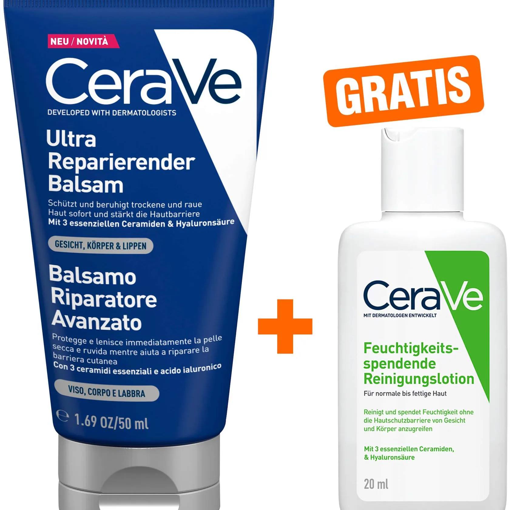 CeraVe ultra reparierender Balsam 50 ml + gratis CeraVe feuchtigkeitsspendende Reinigungslotion 20 ml - Zur Hautpflege