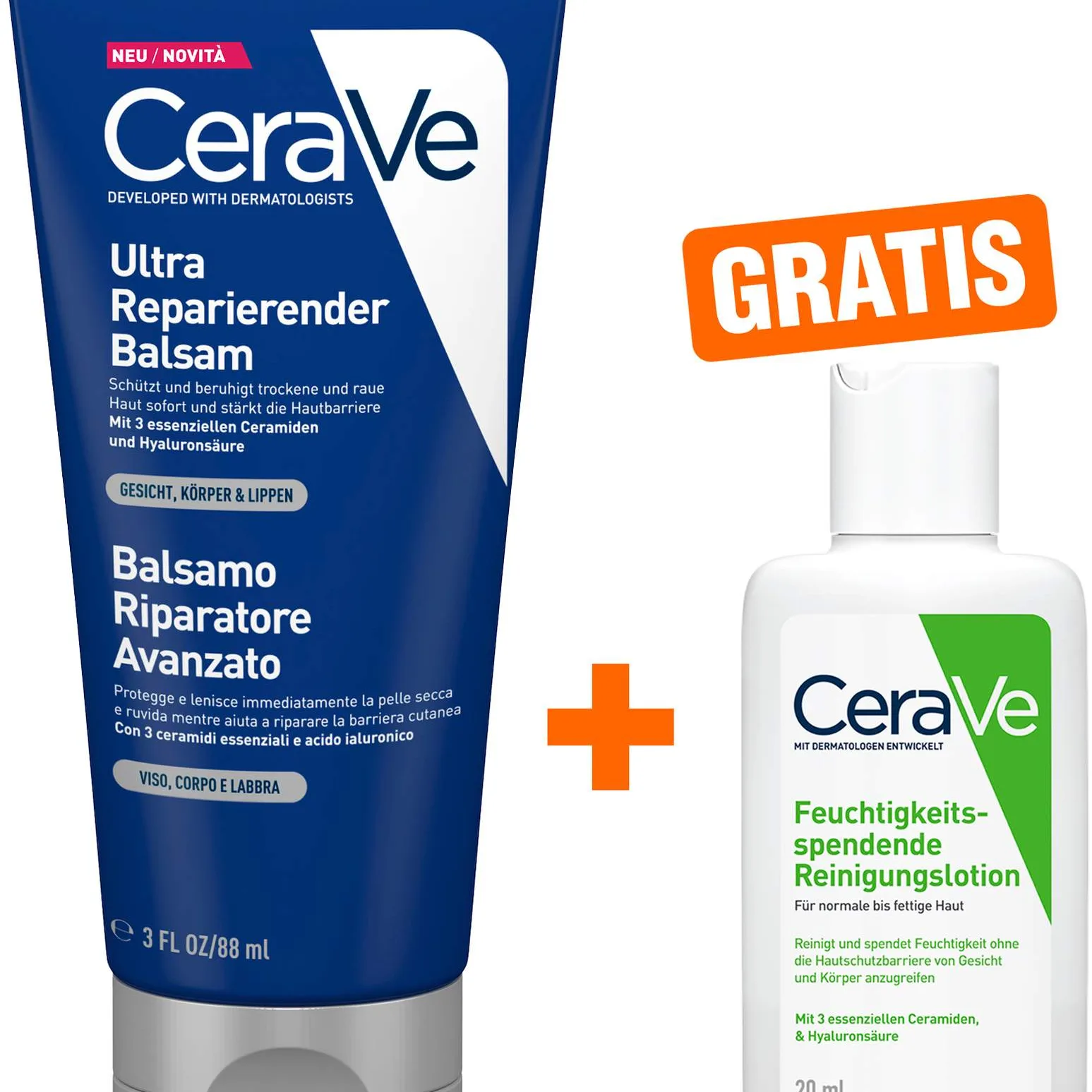 CeraVe ultra reparierender Balsam 88 ml + gratis CeraVe feuchtigkeitsspendende Reinigungslotion 20 ml - Zur Hautpflege