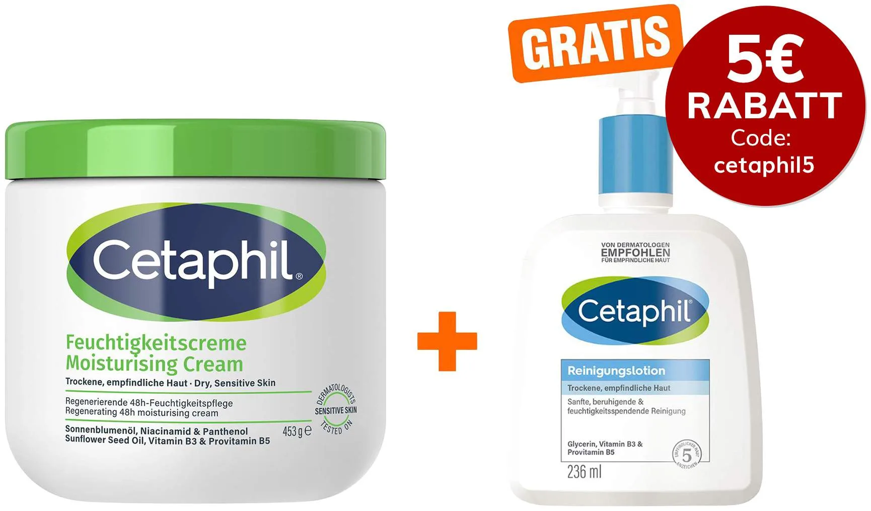 Cetaphil Feuchtigkeitscreme 453 g + gratis Reinigungslotion 236 ml - Zur Hautpflege