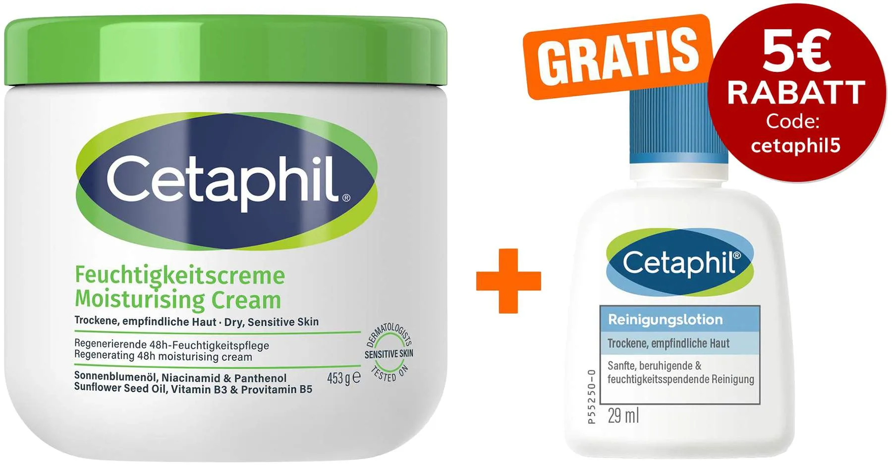 Cetaphil Feuchtigkeitscreme 453 g + gratis Reinigungslotion 29 g