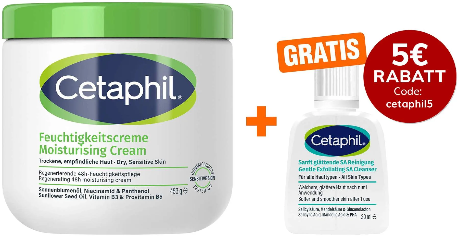 Cetaphil Feuchtigkeitscreme 453 g + gratis Cetaphil sanft glättende SA Reinigungslotion 29 ml - Zur Hautpflege