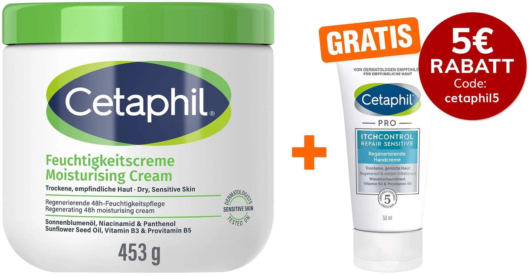 Cetaphil Feuchtigkeitscreme 453g + gratis Pro Itch Control Repair Sensitive regenerierende Handcreme 50 ml - Zur Hautpflege