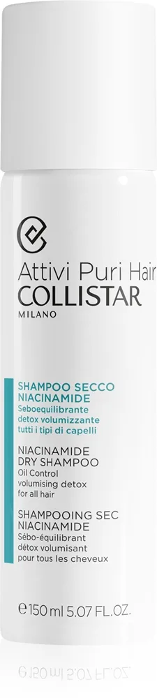 Collistar Hair Niacinamide Dry Shampoo raikastava ja liiallista rasvaisuutta imevä kuivashampoo sisältää niasiiniamidia 150 ml