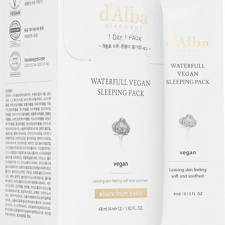 d'Alba Waterfull Vegan Sleeping Pack Lindrande återfuktande mask för natten 4x12 ml