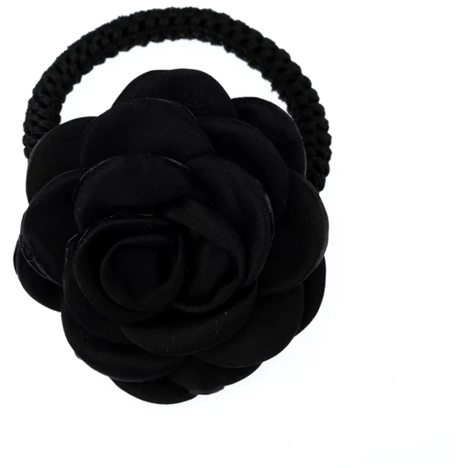 Dark Satin Rose Hair Tie Black