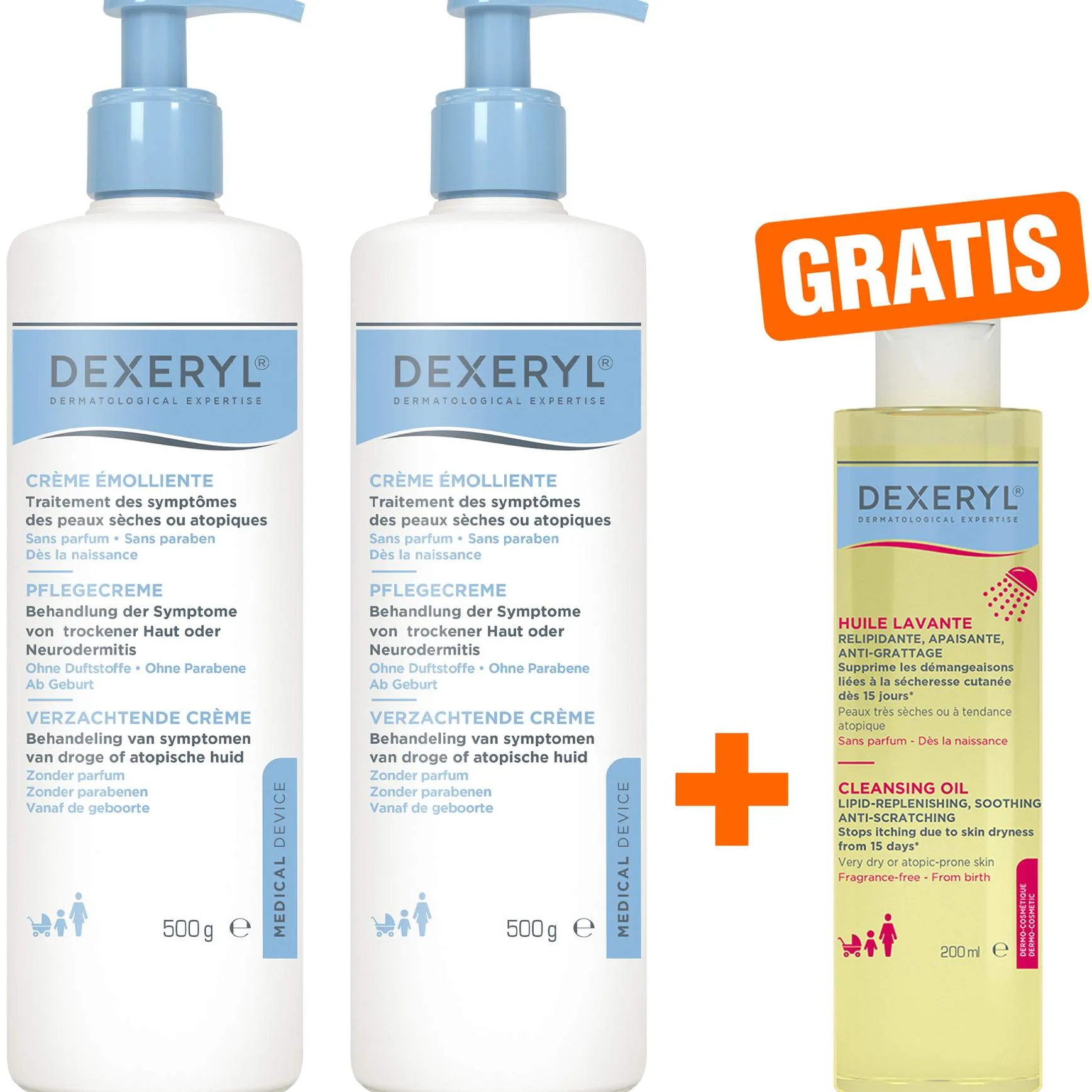 Dexeryl Pflegecreme 2 x 500 g + gratis Dexeryl Reinigungslotion 200 ml - Bei trockener Haut